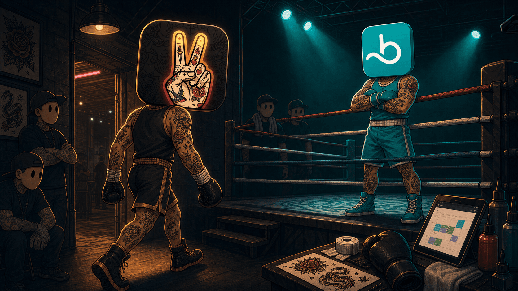 CREW.INK's tattoo-shop boxer facing Booksy's boxer in the ring