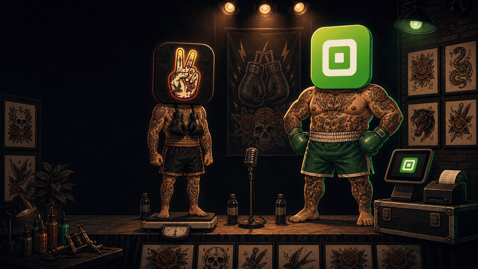 CREW.INK's tattoo-shop boxer facing Square's boxer in the ring