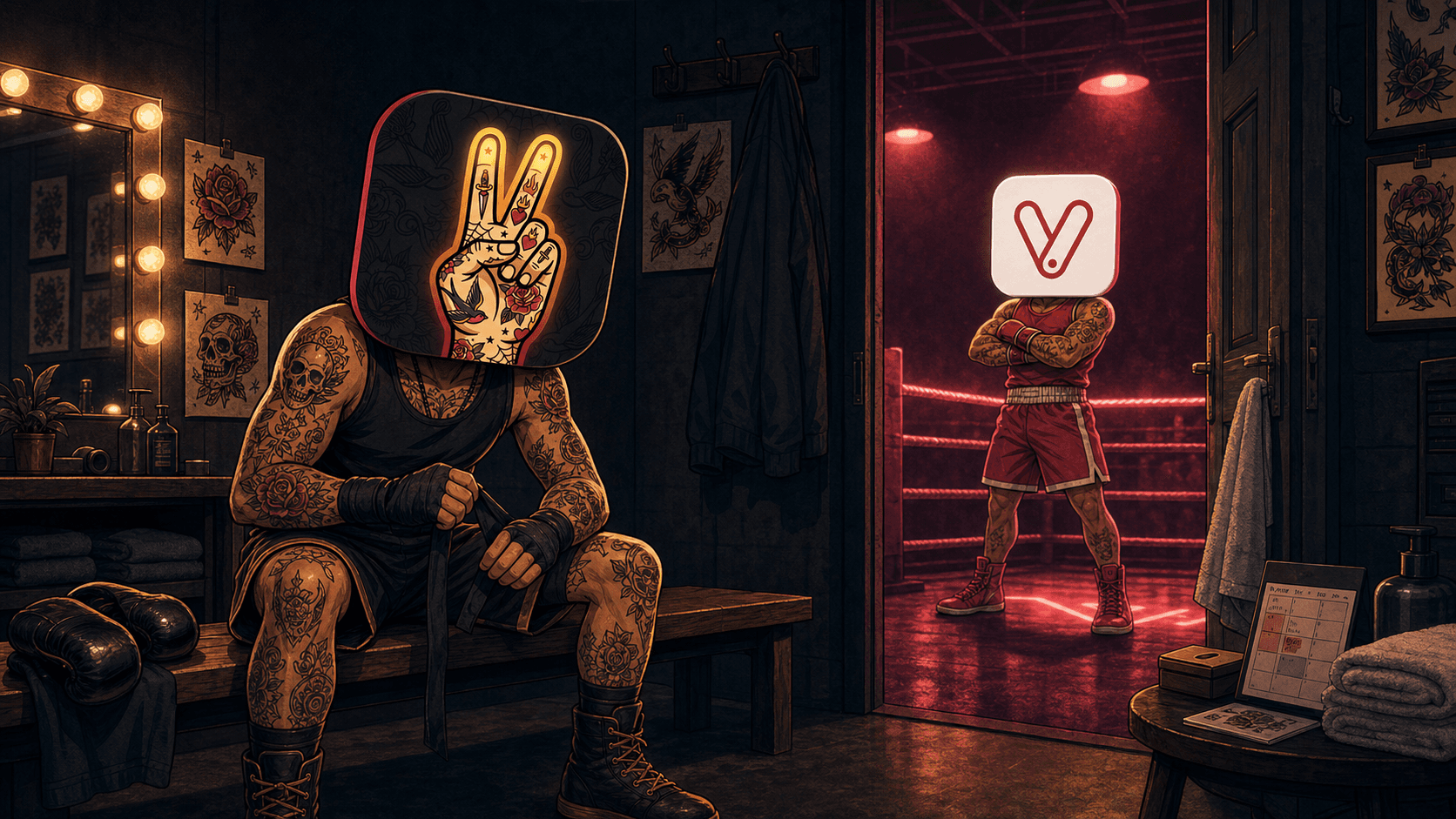 CREW.INK's tattoo-shop boxer facing Vagaro's boxer in the ring