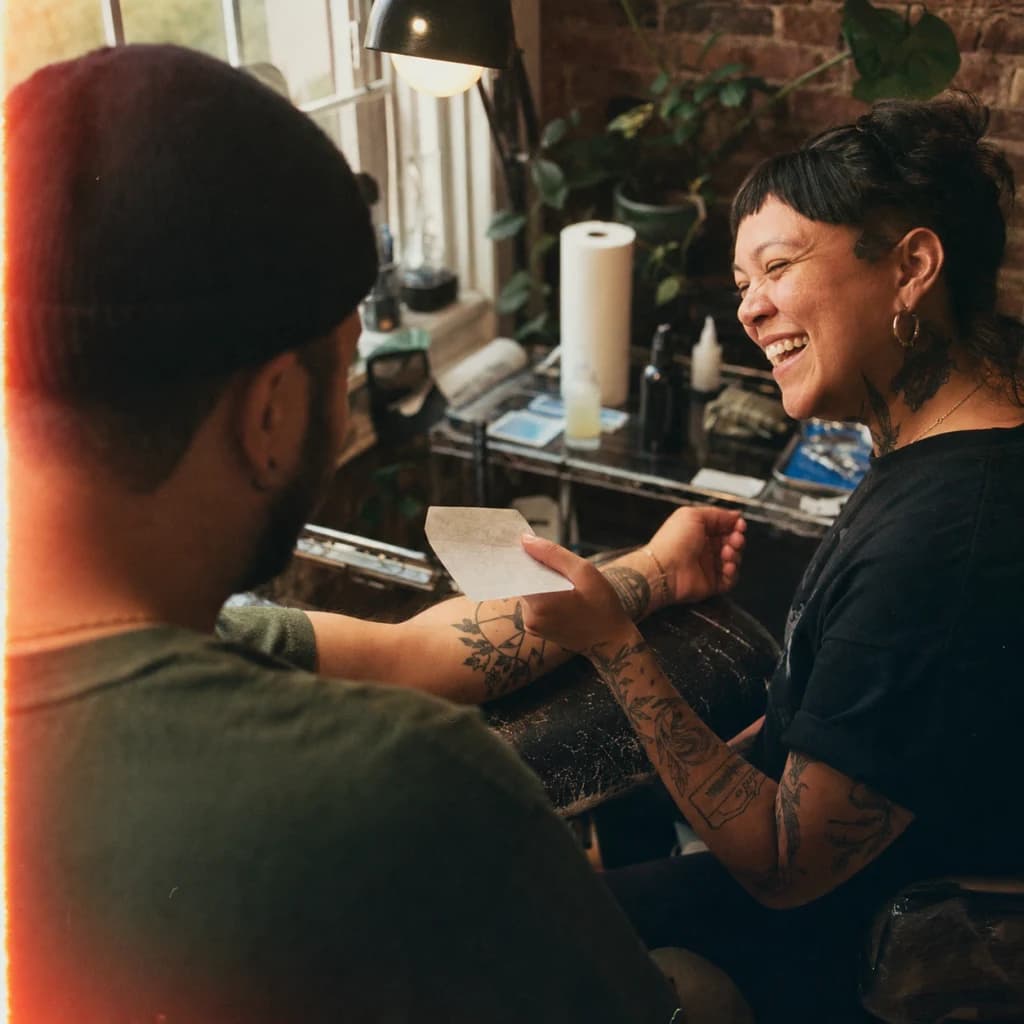 Un tatuador planificando una manga con un cliente en el mostrador del estudio