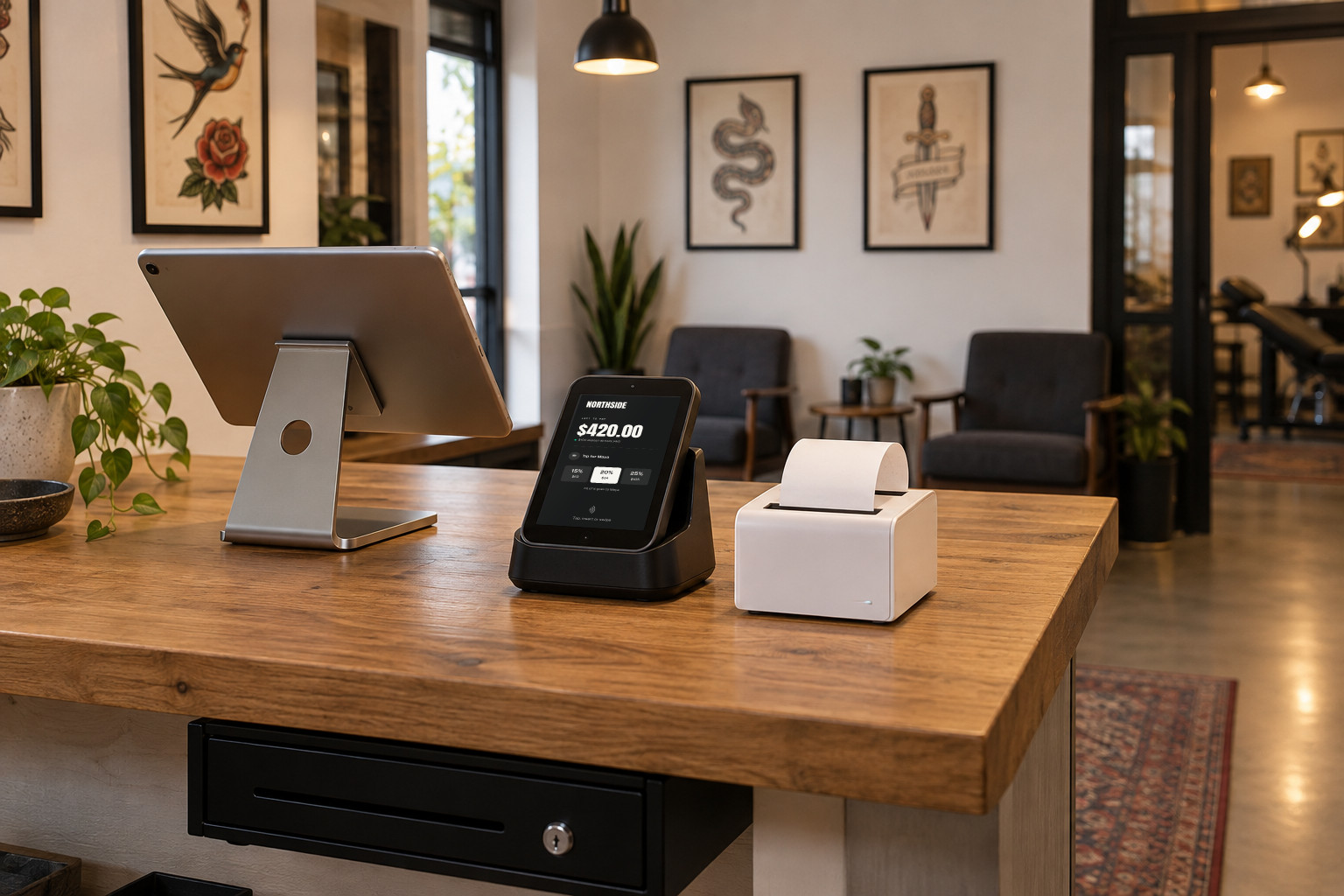 A docked terminal showing the Studio's own tip screen beside a tablet stand and receipt printer at a Studio front desk
