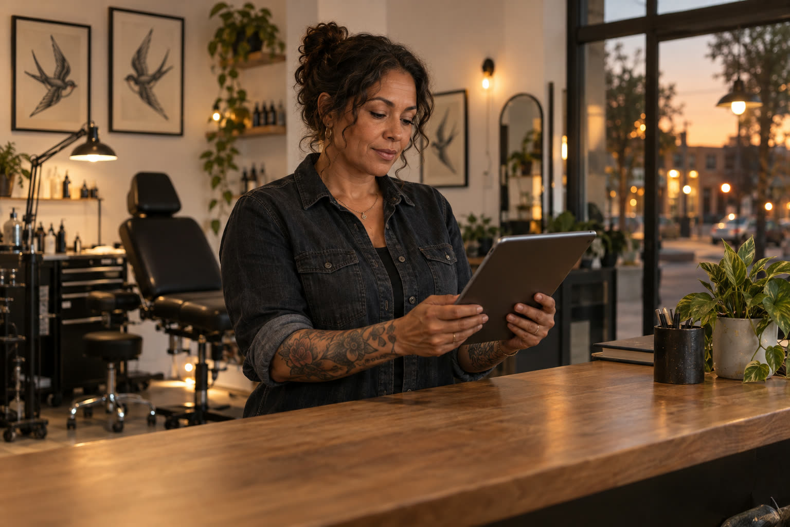 A shop owner reads a tablet at the front counter at dusk