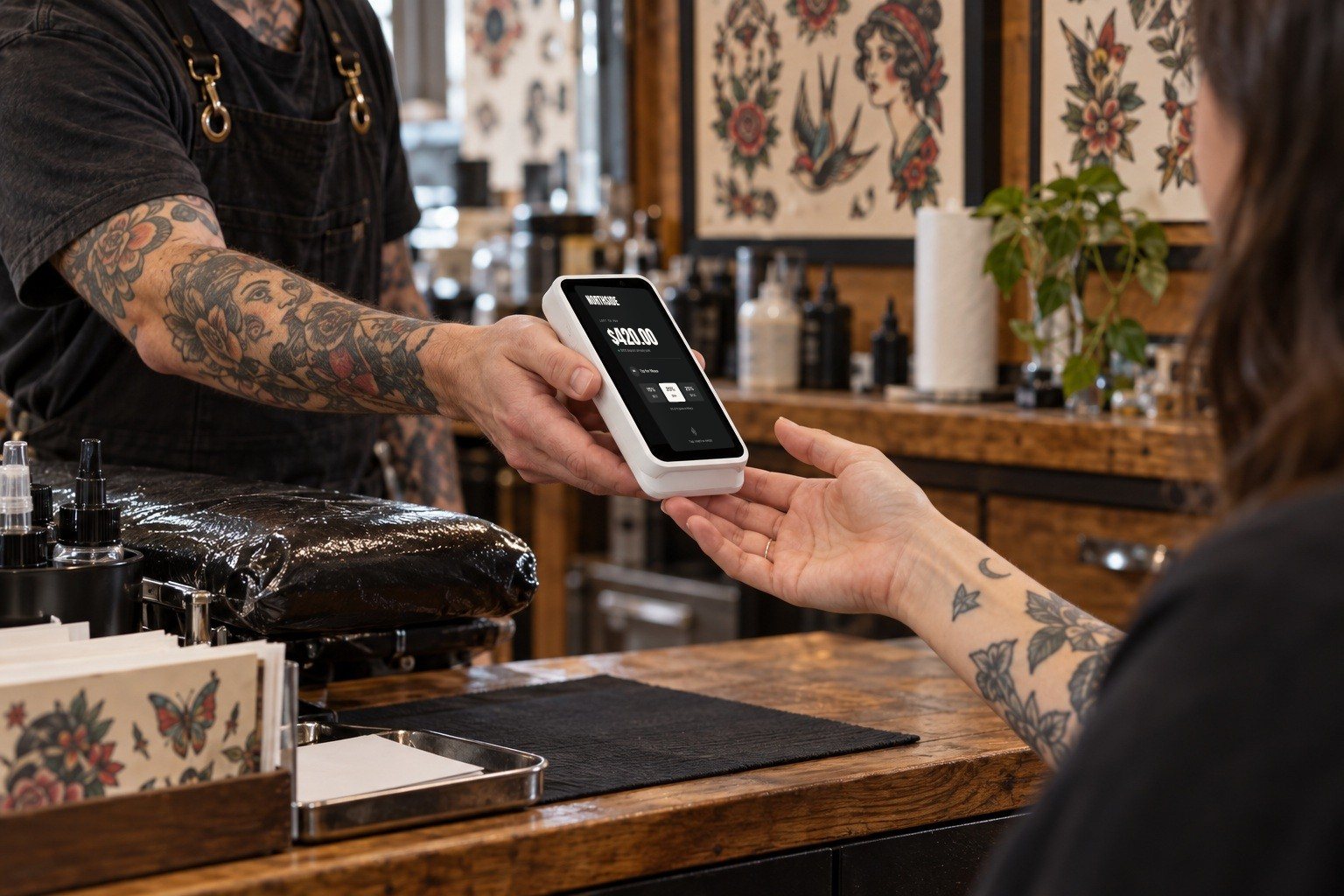 An artist hands a card terminal showing the Studio's own tip screen to a client across a wooden counter