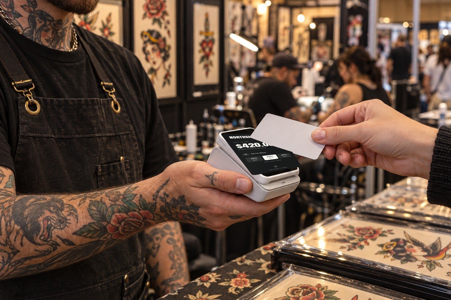 An artist holds a docked Northside terminal while a client holds a card above it at a convention booth