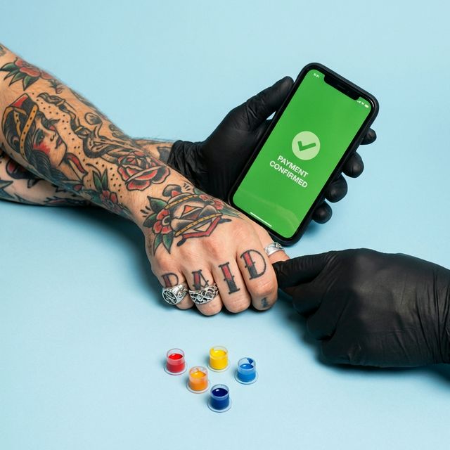 CREW.INK deposit protection booking graphic with tattoo tools, phone checkout, and protected-income messaging.
